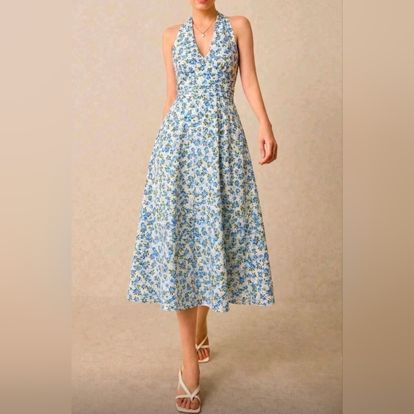 New Rose Floral Tie Halter Ruched Waist Midi Dress Blue White - Picture 7 of 10